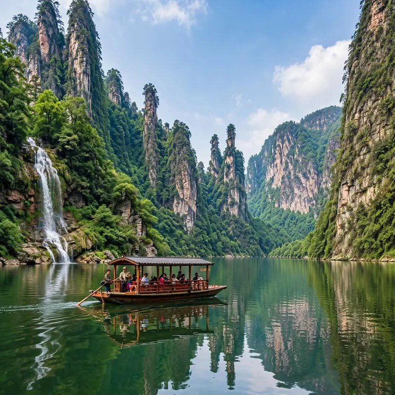 Baofeng Lake karst lake with waterfall reflection and boat ride in Wulingyuan Zhangjiajie