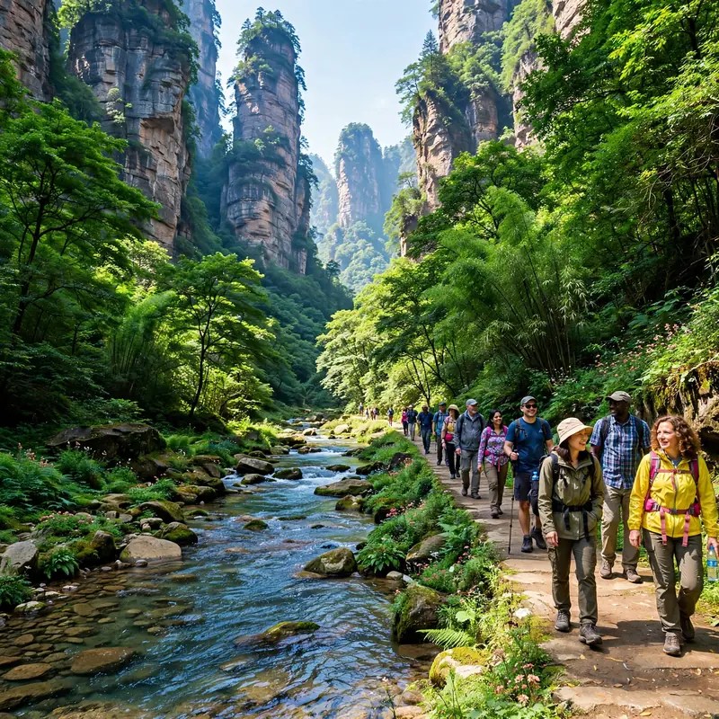 Golden Whip Stream 7.5km forest walk crystal clear stream with tourists hiking in Zhangjiajie