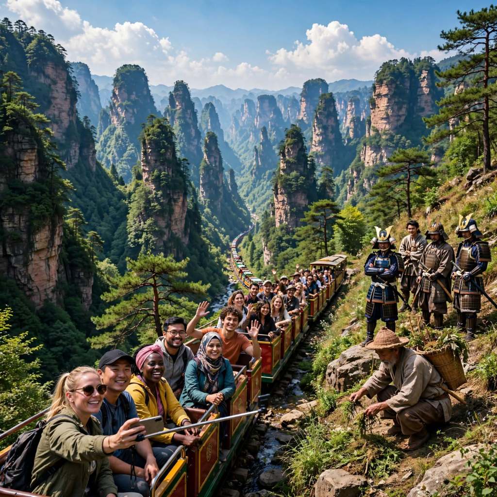 Ten-Mile Gallery Shili Hualang mini train riding through painting-like peaks canyon Zhangjiajie