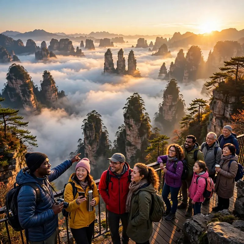 Tianzi Mountain sunrise sea of clouds covering 3000 pillars Imperial Brush Peaks Zhangjiajie