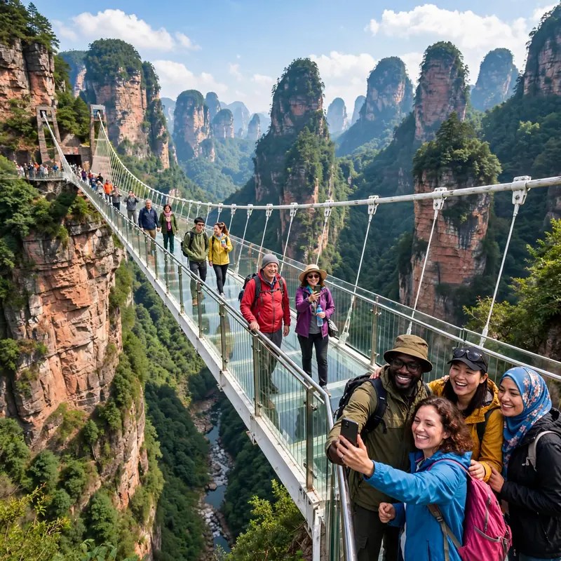 Zhangjiajie Grand Canyon Glass Bridge 430m long transparent bridge 300m high with tourists walking