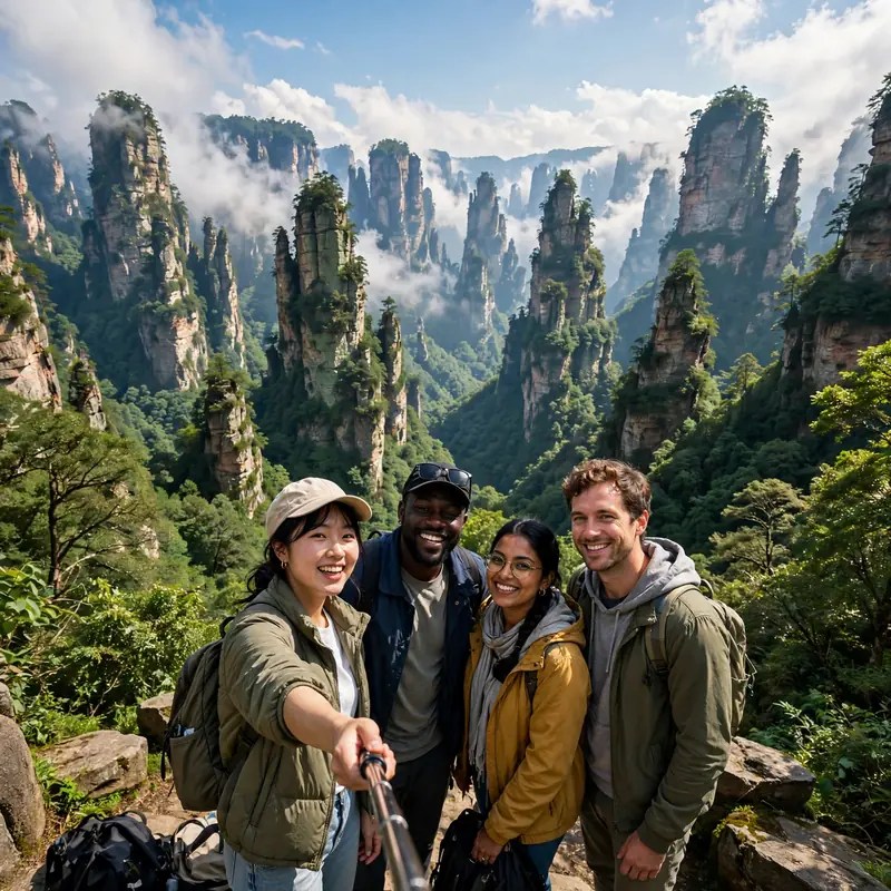 Zhangjiajie National Forest Park Wulingyuan Avatar mountains pillars floating in clouds sunny day with happy tourists