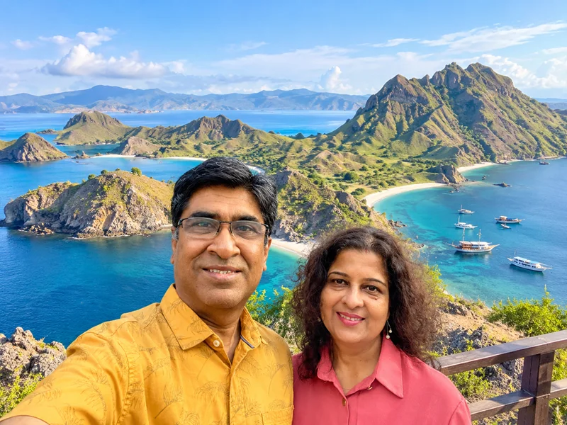 GlimpseTrip couple enjoying a scenic view of Labuan Bajo, Indonesia, with turquoise waters and rugged islands